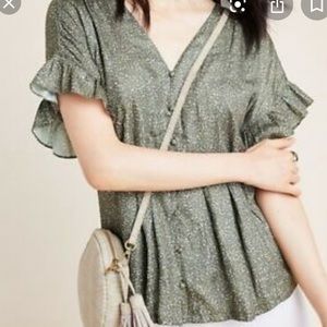 Green Patterned V-Neck Button Up Blouse